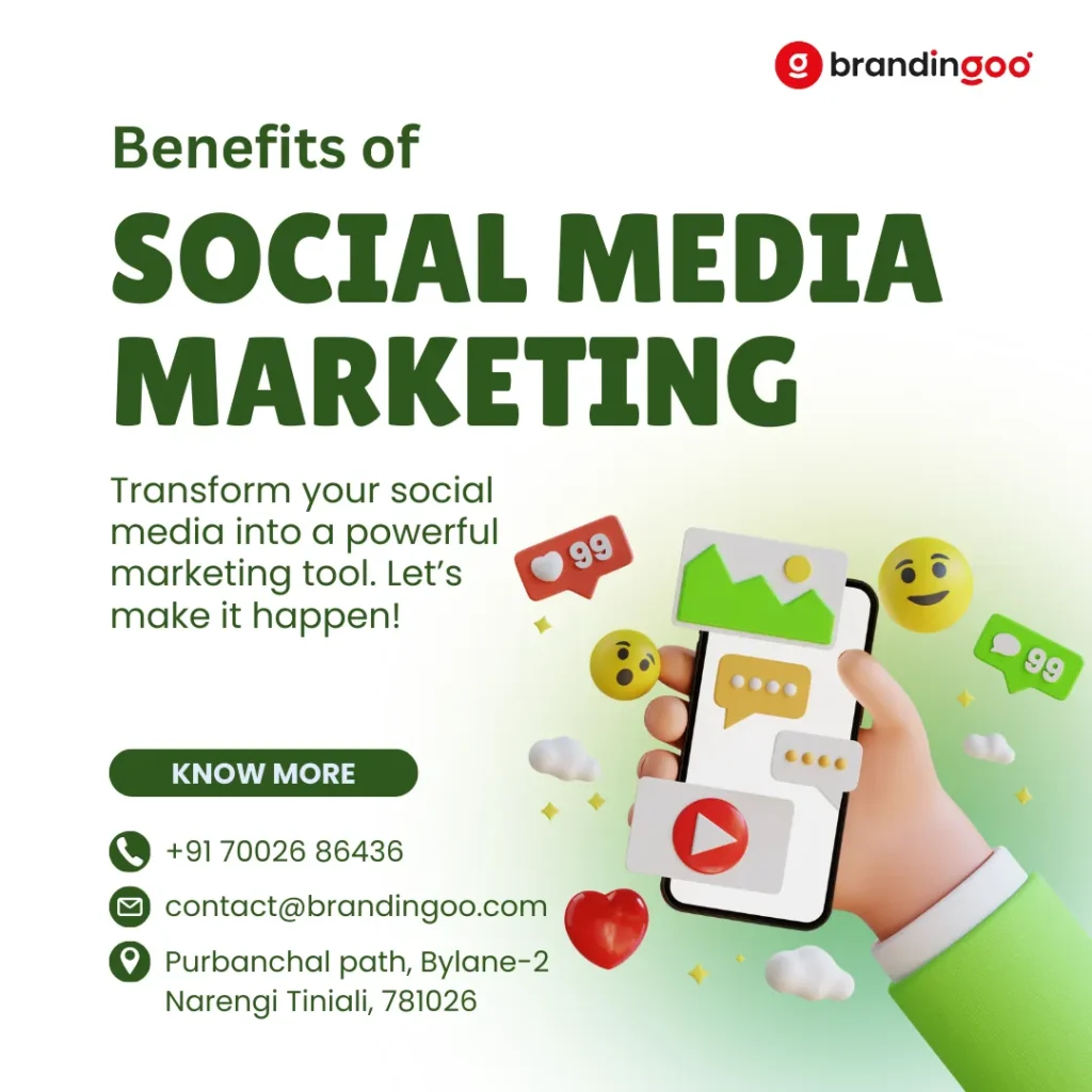 Poster highlighting the benefits of social media marketing for businesses with colorful icons and platform logos.