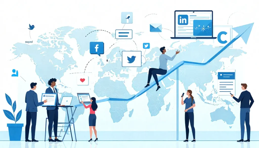 Illustration showing the top benefits of social media marketing for businesses, including brand awareness, customer engagement, website traffic, conversions, loyalty, and measurable results with social media icons.