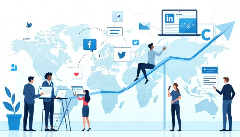 Blog 2 Illustration showing the top benefits of social media marketing for businesses, including brand awareness, customer engagement, website traffic, conversions, loyalty, and measurable results with social media icons.