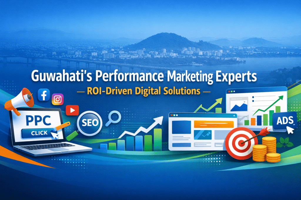 Guwahati performance marketing agency banner with PPC, SEO, social media, analytics, and ROI-driven growth visuals