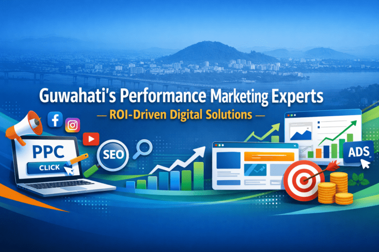 Guwahati performance marketing agency banner with PPC, SEO, social media, analytics, and ROI-driven growth visuals